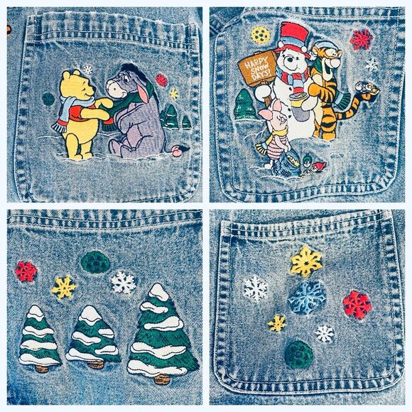 Vintage Disney Winnie the Pooh Denim Shacket Christmas Embroidered Red Collar 2X - Picture 3 of 7
